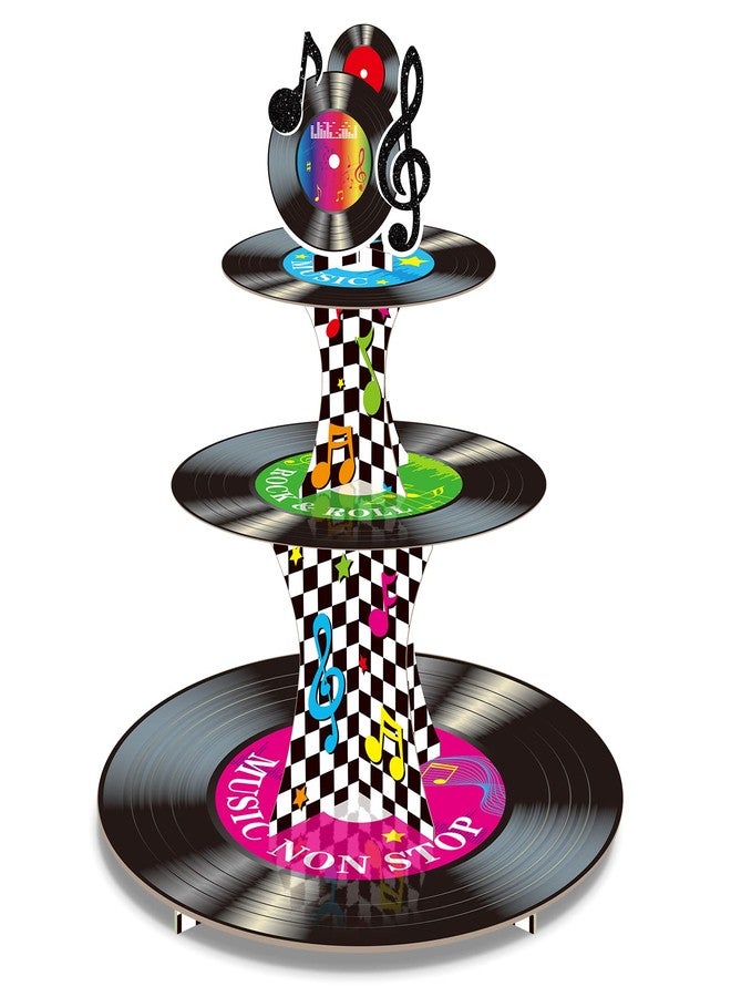 Tiamon 3 Tier 1950's Rock and Roll Music Party Decorations Record Cupcake Stand Vinyl Record Cupcake Holder Music Not Stop Dessert Tower for 50s Retro Theme Party Supplies - Image 1