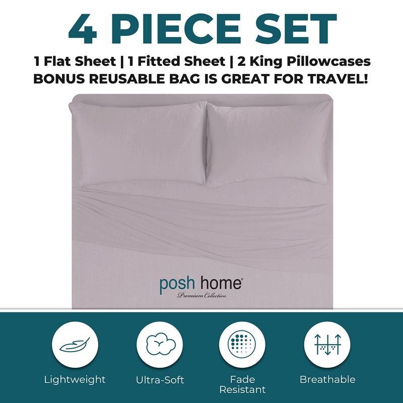 Posh Home Posh Home Jersey Knit Sheet Set - 4-Piece Jersey Bed Sheets - T-Shirt Breathable & Soft Cotton Jersey Sheets - Includes Flat Sheet  Jersey Fitted Sheet  & 2 Pillowcases - California King  Lilac Haze  - Image 3