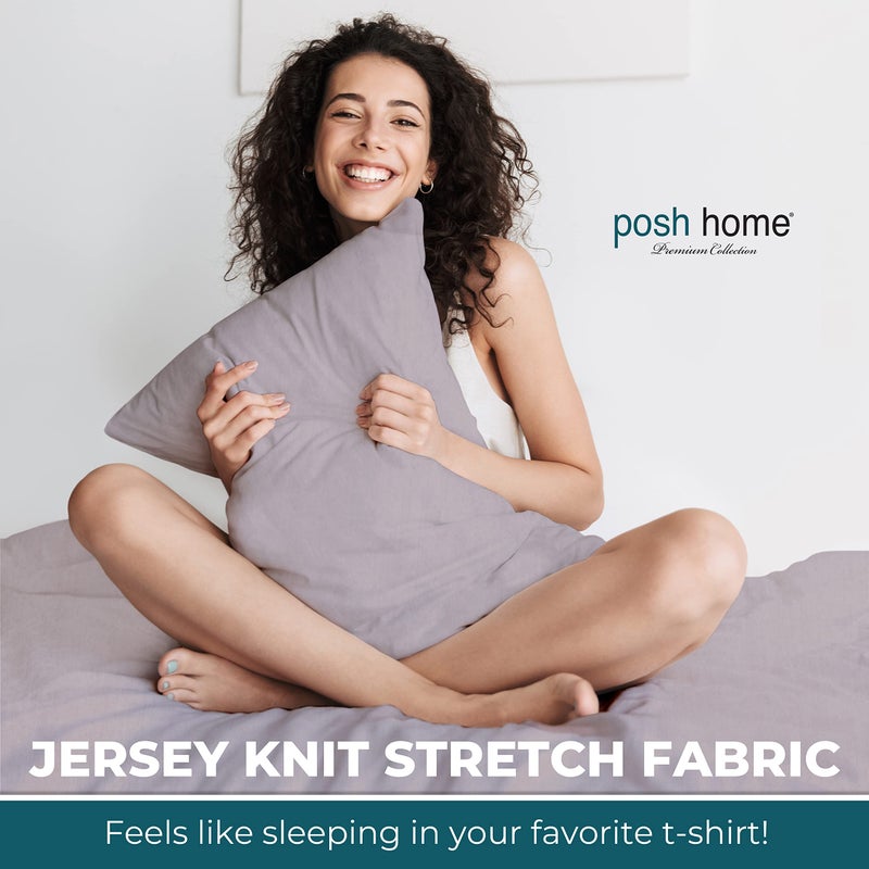 Posh Home Posh Home Jersey Knit Sheet Set - 4-Piece Jersey Bed Sheets - T-Shirt Breathable & Soft Cotton Jersey Sheets - Includes Flat Sheet  Jersey Fitted Sheet  & 2 Pillowcases - California King  Lilac Haze  - Image 2