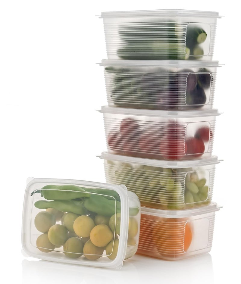 Stewit Fridge Storage Containers (Pack of 6), Fridge Organizer with Removable Drain Plate & Secure-Sealing Lids, Fridge Storage Boxes Keep Fruits, Vegetables Fresher, Container Box, 1800 ML - Image 1