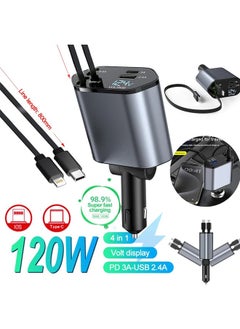 Generic 120W Fast Car Charger with Retractable Charging Cable Fast Car Power Adapter PD20W for iPhone Type C 40W Car Bluetooth USB Charger Plug with iPhone,Samsung,Galaxy,Huawei,Xiaomi 12V/24V  - Image 2