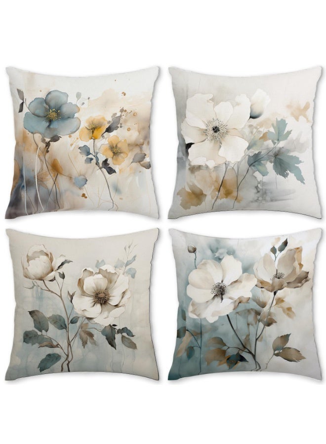 NajmStyle Flowers Throw Pillow Covers 18x18 inch Set of 4,Ink Painting Flowers Pillow Cushion Cases, Modern Decorative Square Pillowcases for Sofa - Image 1