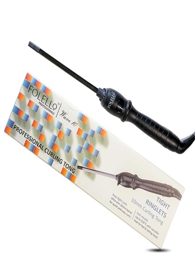 FOLELLO - Wave 10 - Curling Tong for Professionals, Salons and Home Use - Ergonomic Design & Comfortable Grip - Hair Curling, Styling - 10MM Barrel, Black - Image 1