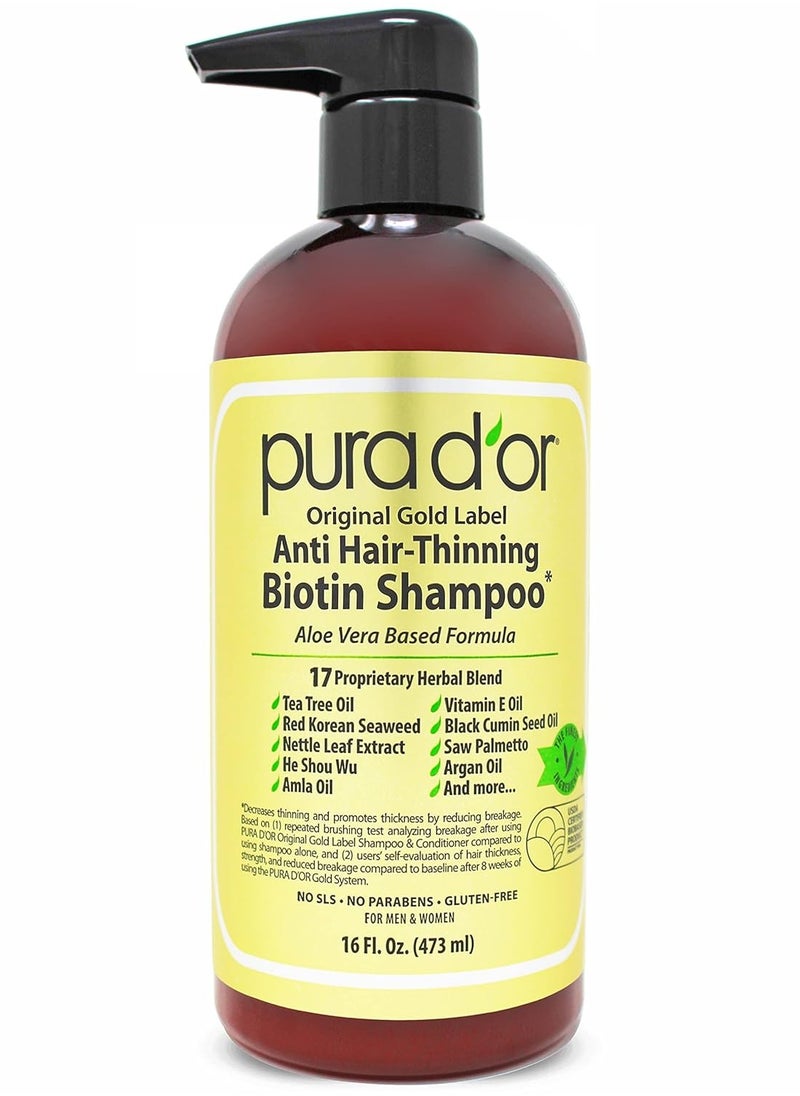 Pura d'or - PURA D'OR 16 Oz Original Gold Label Anti-Thinning Biotin Shampoo Natural Earthy Scent, CLINICALLY TESTED Effective Results, Herbal DHT Blocker Hair Thickening Products, Women & Men, Color Treated Hair - Image 1