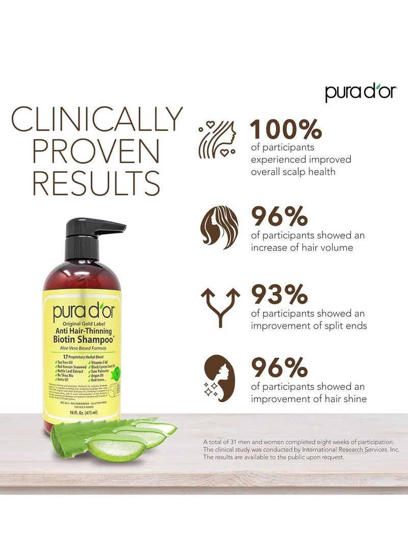 Pura d'or - PURA D'OR 16 Oz Original Gold Label Anti-Thinning Biotin Shampoo Natural Earthy Scent, CLINICALLY TESTED Effective Results, Herbal DHT Blocker Hair Thickening Products, Women & Men, Color Treated Hair - Image 1
