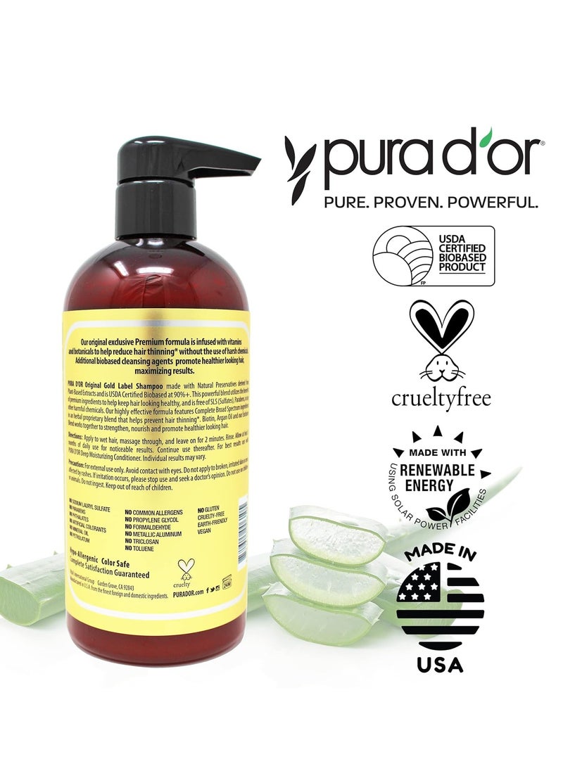 Pura d'or - PURA D'OR 16 Oz Original Gold Label Anti-Thinning Biotin Shampoo Natural Earthy Scent, CLINICALLY TESTED Effective Results, Herbal DHT Blocker Hair Thickening Products, Women & Men, Color Treated Hair - Image 1