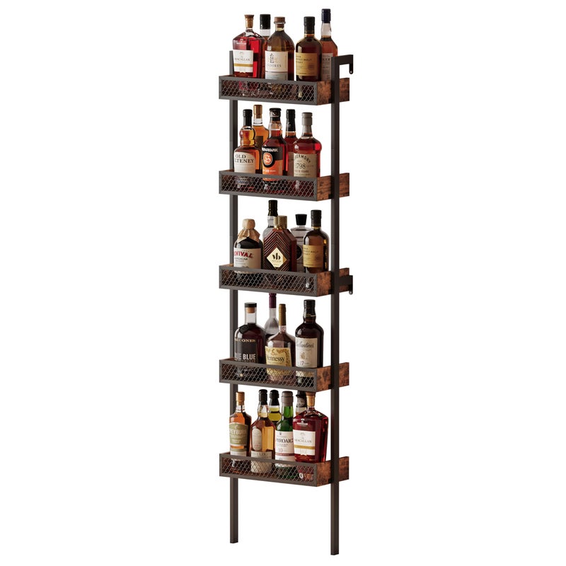Unionly 5-Tier Liquor Stand for Home Barï¼ŒFreestanding Wine Racks for Wall,Wines Bottle Holder Display Shelf with Fences,Liquor Storage for Kitchen, Dining Room, Bar (Rustic Brown) - Image 1