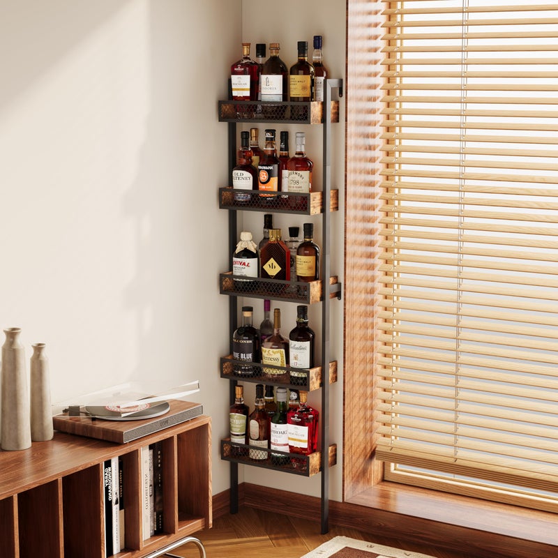 Unionly 5-Tier Liquor Stand for Home Barï¼ŒFreestanding Wine Racks for Wall,Wines Bottle Holder Display Shelf with Fences,Liquor Storage for Kitchen, Dining Room, Bar (Rustic Brown) - Image 2