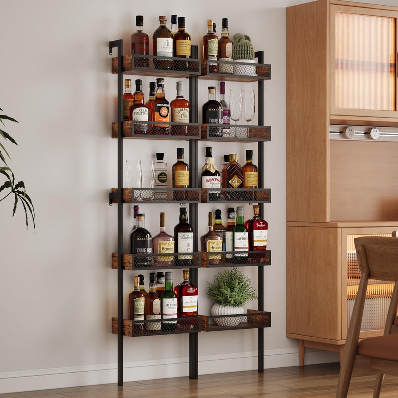 Unionly 5-Tier Liquor Stand for Home Barï¼ŒFreestanding Wine Racks for Wall,Wines Bottle Holder Display Shelf with Fences,Liquor Storage for Kitchen, Dining Room, Bar (Rustic Brown) - Image 3