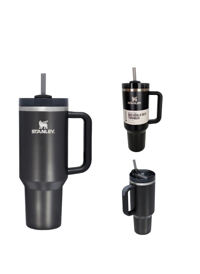 Quencher H2.0 FlowState 40oz Vacuum Insulated Tumbler – Black Stainless Steel Travel Mug with Leakproof Lid & Reusable Straw – Double-Walled Design for Hot & Cold Drinks – Keeps Beverages Hot 7H/Cold 24H – Durable, Portable & Eco-Friendly for Travel, Office, Gym