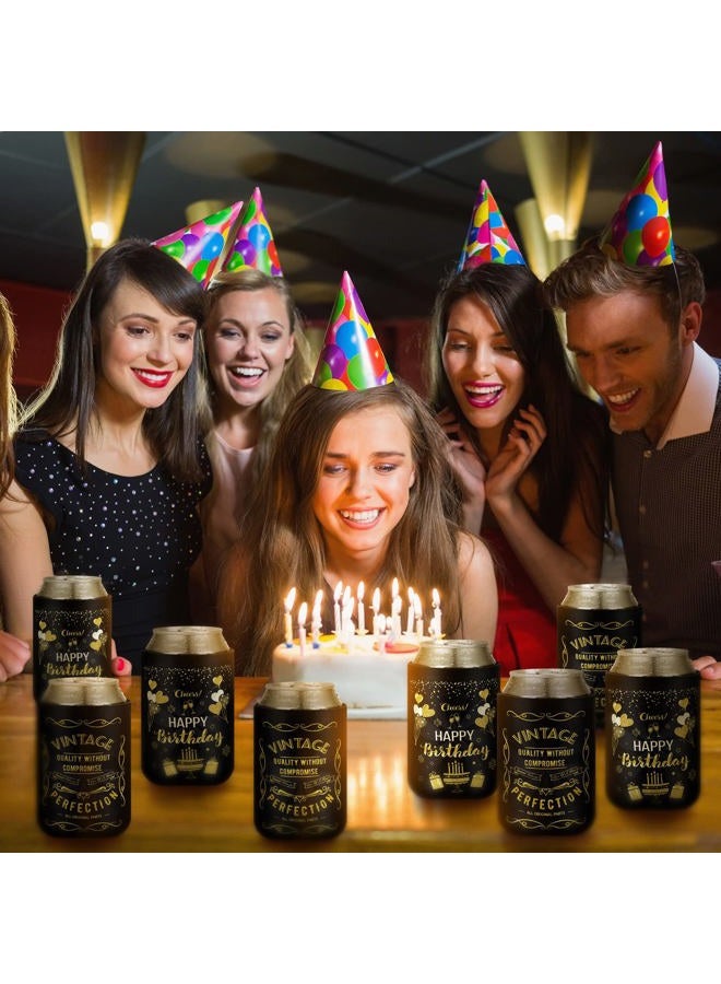 Purpeak 12 Pcs Happy Birthday Decorations for Men Women, Insulated Birthday Can Cooler Sleeves, Neoprene Can Sleeves, Beverage Beer Coolers for 12 oz Cans Birthday Party Decor Gifts, Black and Gold - Image 2