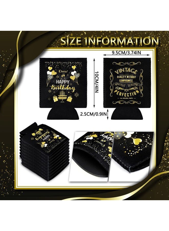 Purpeak 12 Pcs Happy Birthday Decorations for Men Women, Insulated Birthday Can Cooler Sleeves, Neoprene Can Sleeves, Beverage Beer Coolers for 12 oz Cans Birthday Party Decor Gifts, Black and Gold - Image 3