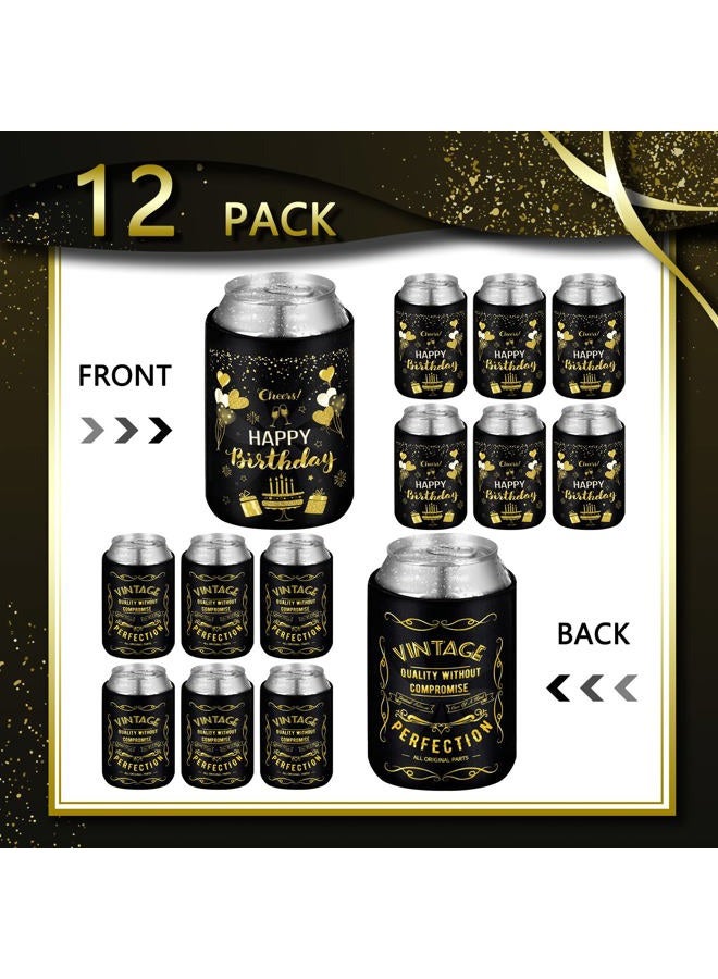 Purpeak 12 Pcs Happy Birthday Decorations for Men Women, Insulated Birthday Can Cooler Sleeves, Neoprene Can Sleeves, Beverage Beer Coolers for 12 oz Cans Birthday Party Decor Gifts, Black and Gold - Image 5