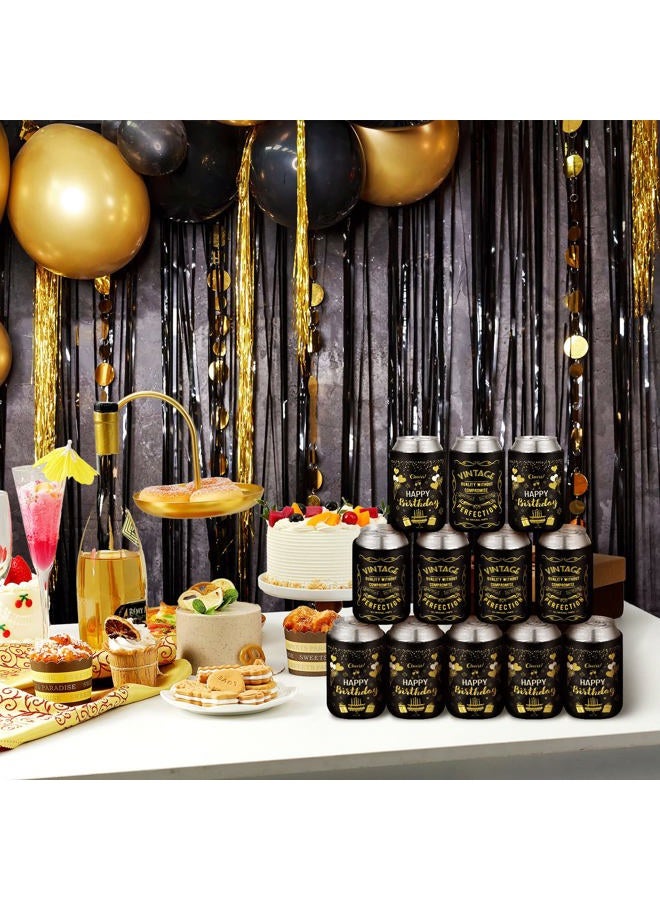 Purpeak 12 Pcs Happy Birthday Decorations for Men Women, Insulated Birthday Can Cooler Sleeves, Neoprene Can Sleeves, Beverage Beer Coolers for 12 oz Cans Birthday Party Decor Gifts, Black and Gold - Image 4