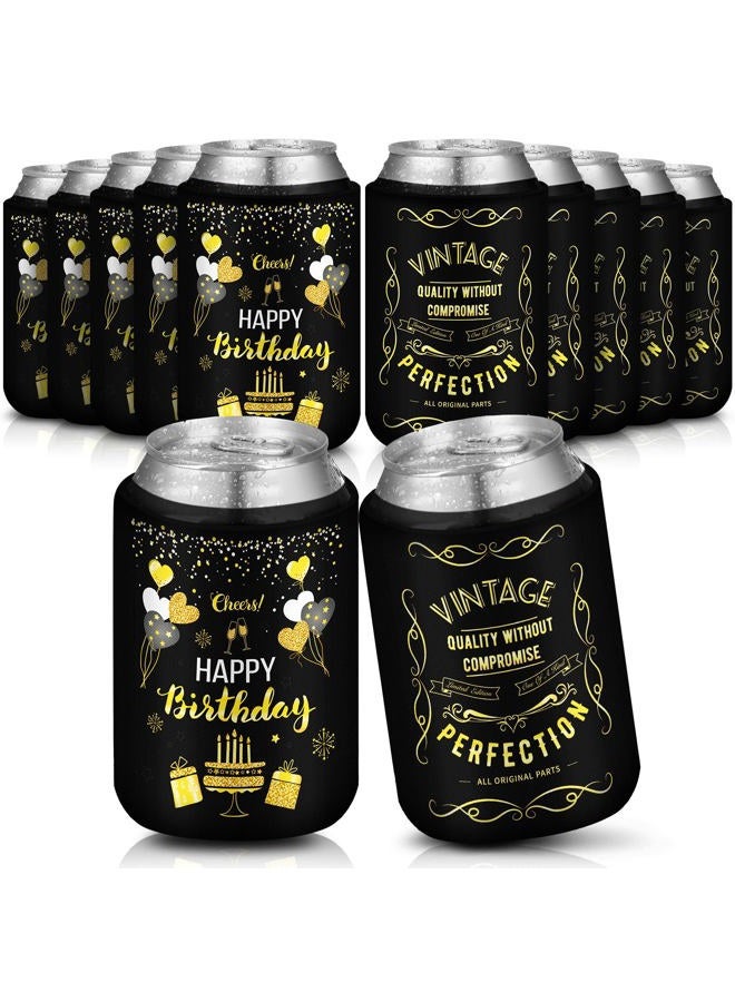 Purpeak 12 Pcs Happy Birthday Decorations for Men Women, Insulated Birthday Can Cooler Sleeves, Neoprene Can Sleeves, Beverage Beer Coolers for 12 oz Cans Birthday Party Decor Gifts, Black and Gold - Image 1