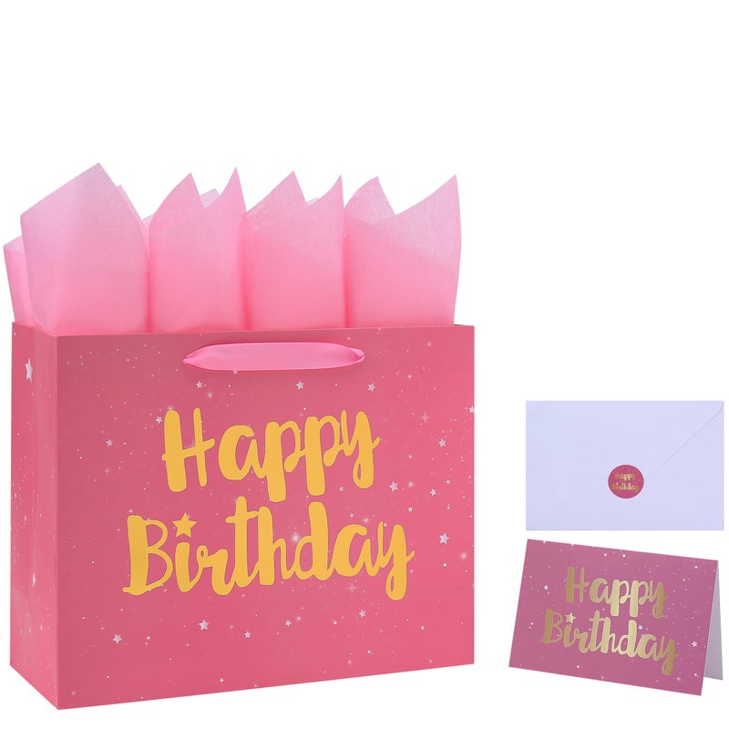 Qirrmiy 13" Large Pink Gift Bag Set with Greeting Card and Tissue Papers (Stars and Gold Foil â€˜Happy Birthdayâ€™) for Women's Party, Girls' or Kids' Birthday Parties, Baby Girl, Baby Shower - 13â€x5.2â€x10.2â€, 1 Pcs. - Image 1
