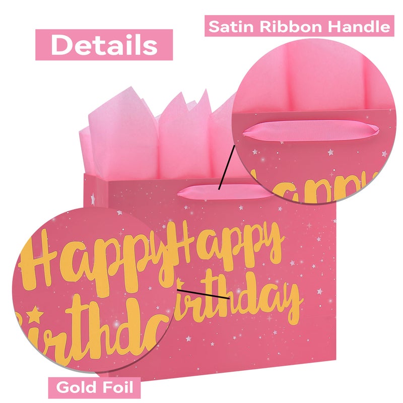 Qirrmiy 13" Large Pink Gift Bag Set with Greeting Card and Tissue Papers (Stars and Gold Foil â€˜Happy Birthdayâ€™) for Women's Party, Girls' or Kids' Birthday Parties, Baby Girl, Baby Shower - 13â€x5.2â€x10.2â€, 1 Pcs. - Image 4