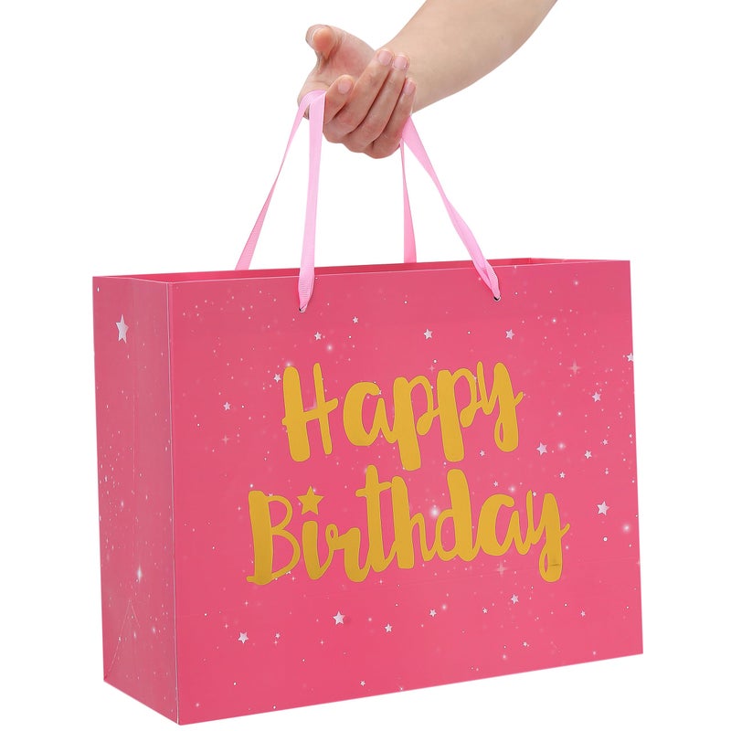 Qirrmiy 13" Large Pink Gift Bag Set with Greeting Card and Tissue Papers (Stars and Gold Foil â€˜Happy Birthdayâ€™) for Women's Party, Girls' or Kids' Birthday Parties, Baby Girl, Baby Shower - 13â€x5.2â€x10.2â€, 1 Pcs. - Image 5