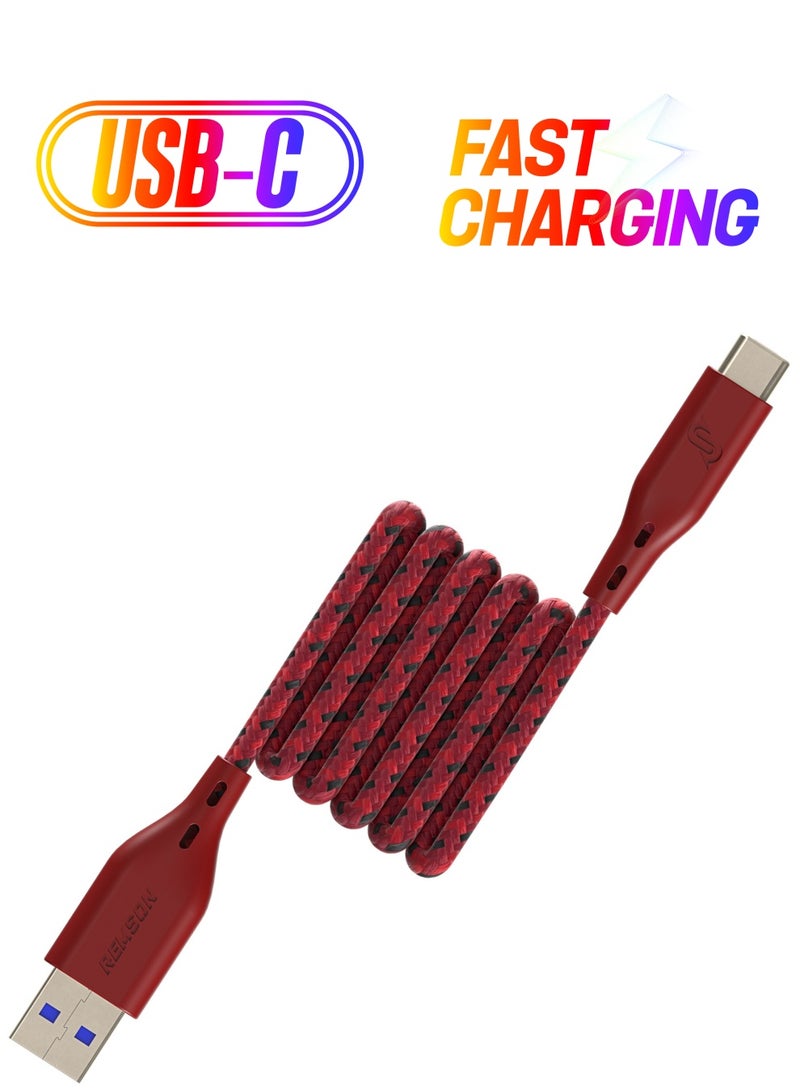 Remson USB-A to Type-C Remson Rapid-Link Nylon Braided Cable Fast Charge & Data Sync 2 Meters Red - Image 1