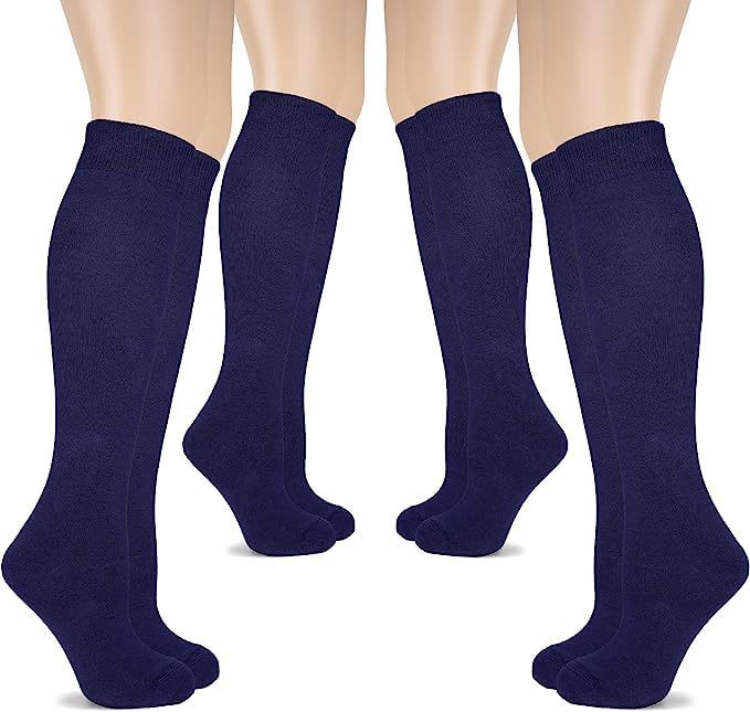 WKLOUYHE 4 Pairs Girls Knee High Socks Cotton School Uniform Socks Kids Soccer Outdoor Long Tube_Pack Of 4(Navy,6-7 Years) - Image 1