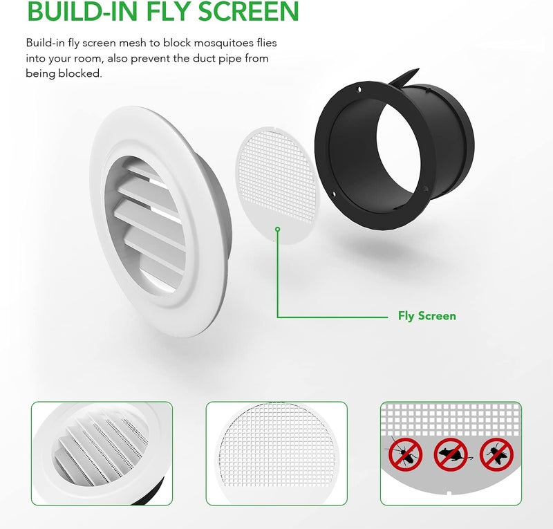 iPower فتحات تهوية دائرية من ABS بقطر 4 بوصات مع غطاء شبكي مدمج للتهوية في المنزل والحمام والمكتب والمطبخ 1 عبوة بيضاء - Image 4