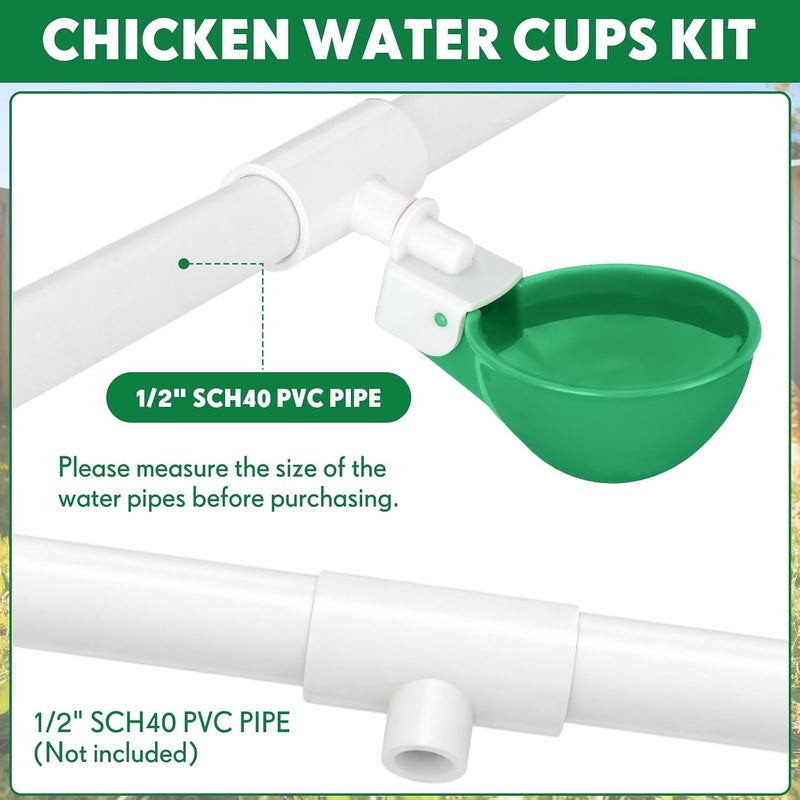 LemonRoad 30 Set Automatic Chicken Waterer Cups with 1/2" PVC Tee Fitting Chicken Drinking Bowl, Poultry Drinker Mounting Hole Opener,Water Dispenser Feeder for Duck, Goose, Turkey, Pigeon(Green) - Image 3