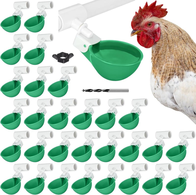 LemonRoad 30 Set Automatic Chicken Waterer Cups with 1/2" PVC Tee Fitting Chicken Drinking Bowl, Poultry Drinker Mounting Hole Opener,Water Dispenser Feeder for Duck, Goose, Turkey, Pigeon(Green) - Image 1