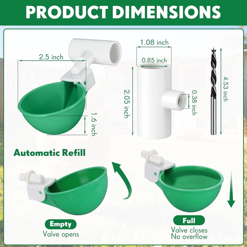 LemonRoad 30 Set Automatic Chicken Waterer Cups with 1/2" PVC Tee Fitting Chicken Drinking Bowl, Poultry Drinker Mounting Hole Opener,Water Dispenser Feeder for Duck, Goose, Turkey, Pigeon(Green) - Image 2