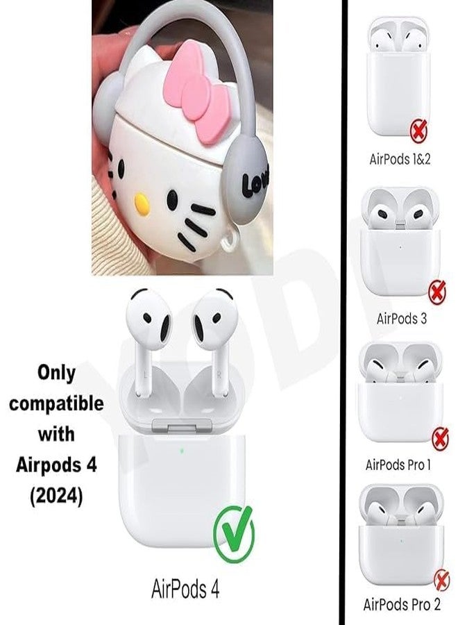 EMOH ROCED Compatible with AirPods 4 Case Cover 2024 with Cleaning Kit,Cartoon Kawaii for AirPods 4th Generation Case Silicone case for Apple Airpods 4 with Keychain for Women Girls (Kitty White) - Image 2