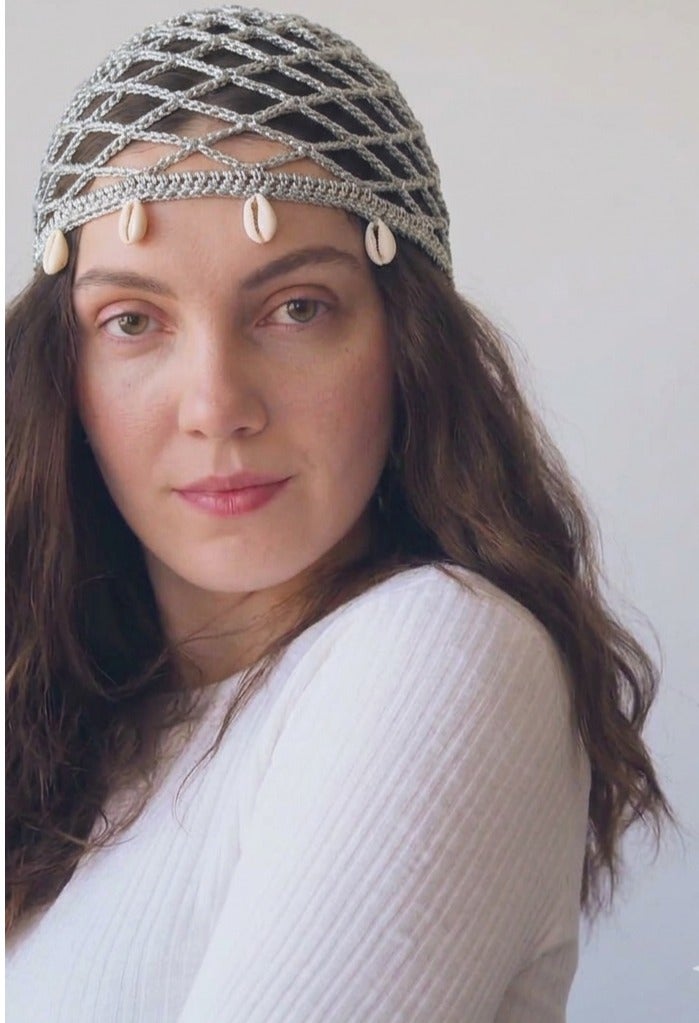 طاقيه شبكه المصايف للفتيات هاند ميد فضي