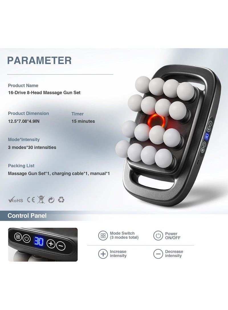 كيلا مجموعة مسدس تدليك مكونة من 8 رؤوس، 16 قطعة، مسدس تدليك الأنسجة العميقة المحمول باليد مع 3 أوضاع و30 شدة، علاج بالضوء الأحمر، جهاز تدليك هادئ بإيقاع للاستخدام المنزلي - Image 3