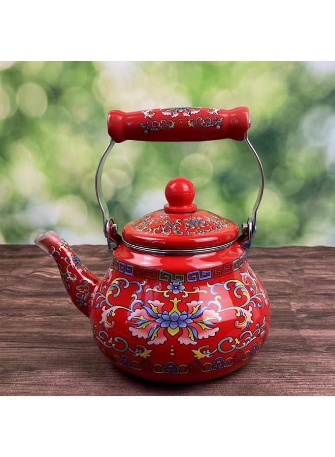 Thickened Large Capacity Enamel Flower Enamel Kettle Milk Teapot Flat Bottom Pot Induction Cooker Universal Teapot Cooling Kettle HC-Color:1.5 Liter Red Hook Lotus (with Filter)-Capacity:Default  - Image 1