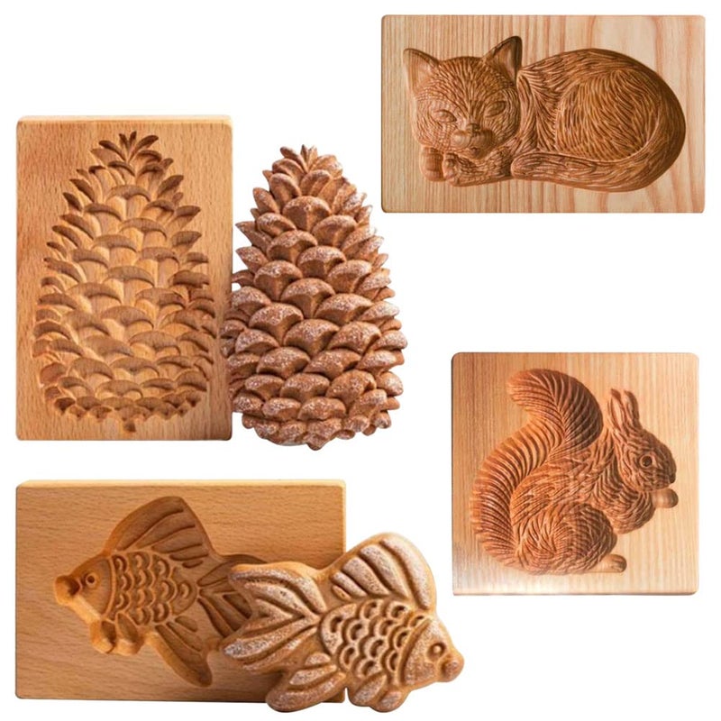 Yangshine 4 Pieces Wooden Cookie Molds Biscuit Carved Wooden Mould DIY Cookie Stamps Cookie Cutter Funny 3D Press Embossing Mold Animal Pattern Baking Tool - Image 2