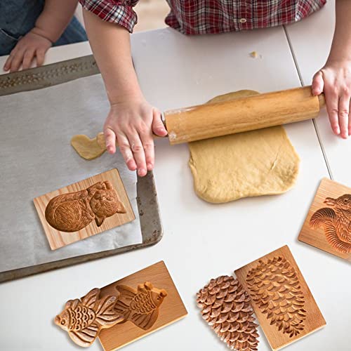 Yangshine 4 Pieces Wooden Cookie Molds Biscuit Carved Wooden Mould DIY Cookie Stamps Cookie Cutter Funny 3D Press Embossing Mold Animal Pattern Baking Tool - Image 3