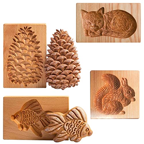 Yangshine 4 Pieces Wooden Cookie Molds Biscuit Carved Wooden Mould DIY Cookie Stamps Cookie Cutter Funny 3D Press Embossing Mold Animal Pattern Baking Tool - Image 1