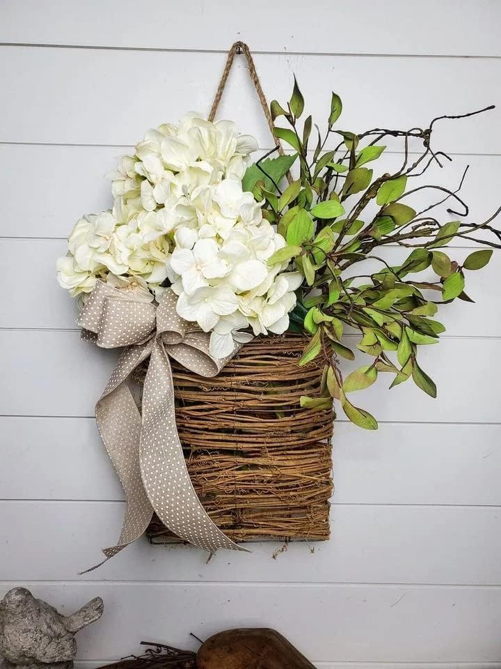 MYELJO Cream Hydrangea Door Hanger Basket Wreath - Farmhouse Spring Wreath with Wildflowers, Mother's Day Decor, Artificial Rattan Hanging Basket for Porch, Wall, Home Decor - Image 1