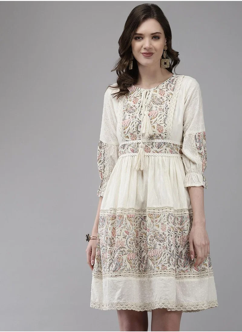 ISHIN Off White Floral Embroidered Tie-Up Neck A-Line Dress