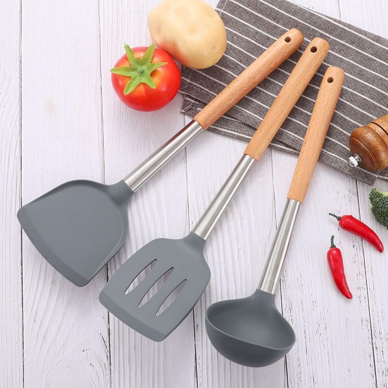 CARTEEO Silicone Spatula for Kitchen NonStick Cooking Spatulas with Wooden Handle Spatula Turner Serving Cooking Spoon Spatula Combs for Omlet Egg Dosa chapati Sambar Black Set of 3 - Image 1