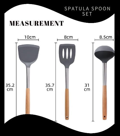 CARTEEO Silicone Spatula for Kitchen NonStick Cooking Spatulas with Wooden Handle Spatula Turner Serving Cooking Spoon Spatula Combs for Omlet Egg Dosa chapati Sambar Black Set of 3 - Image 2
