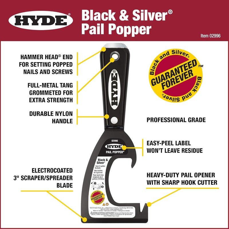 Hyde 02996 Opener, for Use with Removing Plastic 5 Gal Bucket Lids and Pail Tops, 3", Black/Silver - Image 1