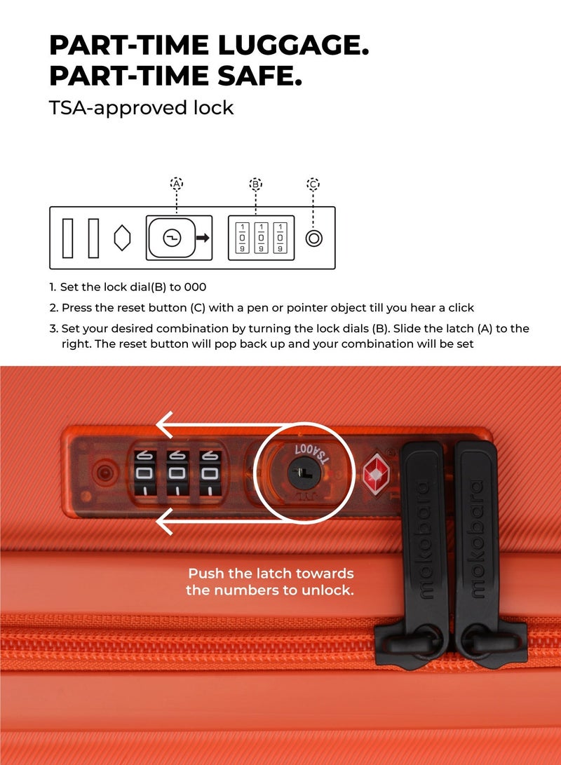 Mokobara Aisle Trunk Luggage Set of 3 | Cabin 40L + Check-in 70L + Large 105L | Makrolon Hardshell | TSA Lock, YKK Zippers & Ninja Wheels | Orange (Stardust) - Image 4