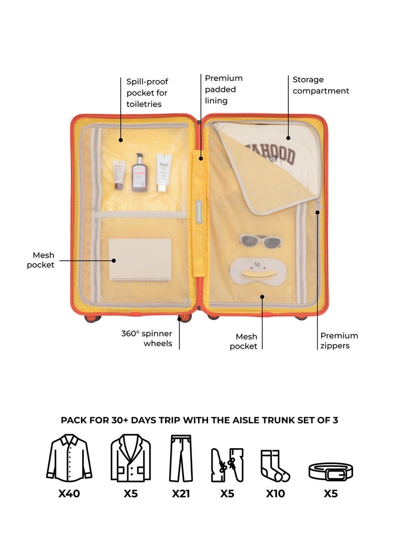 Mokobara Aisle Trunk Luggage Set of 3 | Cabin 40L + Check-in 70L + Large 105L | Makrolon Hardshell | TSA Lock, YKK Zippers & Ninja Wheels | Orange (Stardust) - Image 5