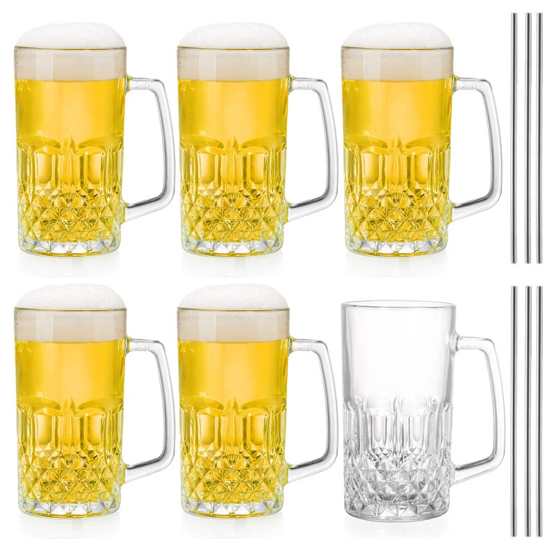 Frcctre 6 Pack 16 Oz Glass Beer Mug Large Beer Glasses Steins with Handle and Stainless Steel Straws Crystal LeadFree Drinking Glasses Water Cups for Beer Juice Beverage Bar