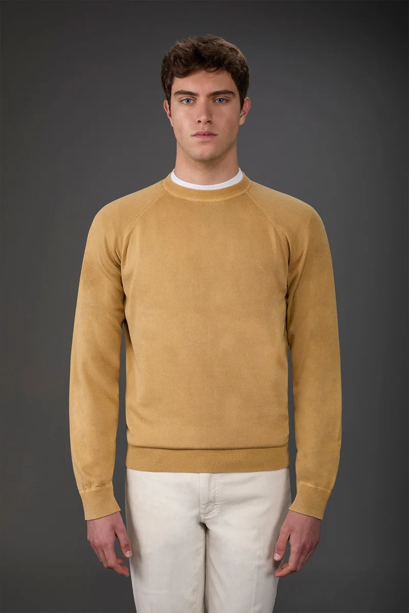 دوبل غانغر Men's crew neck pure cotton sweater with raglan sleeves - Ochre Yellow