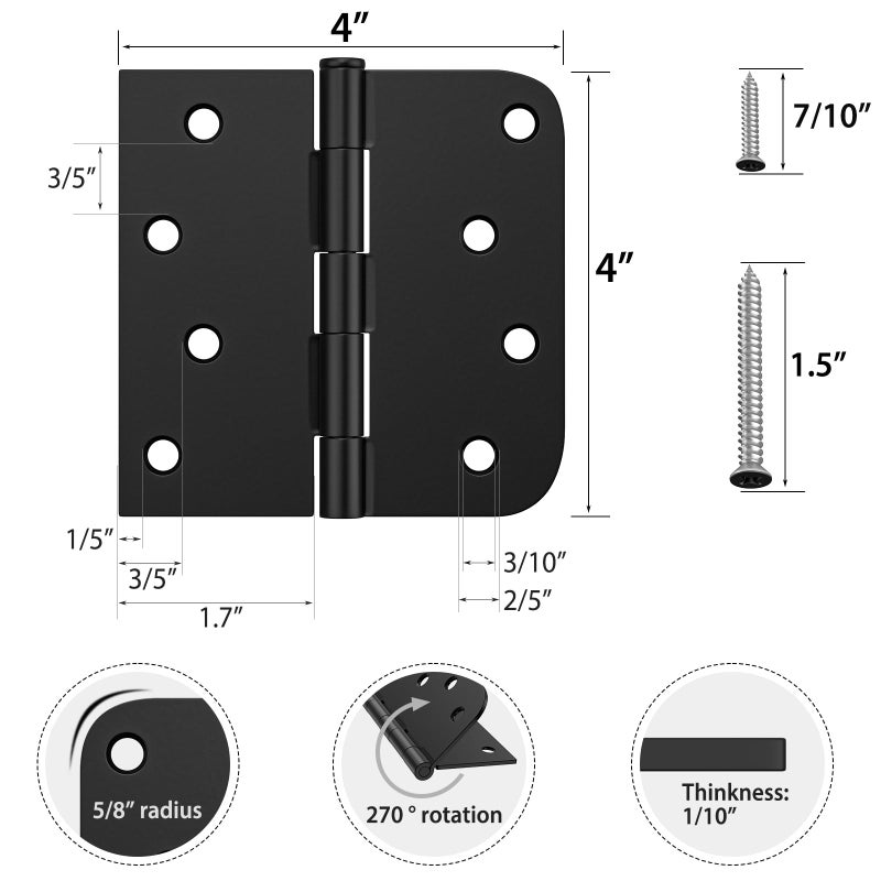 Hosom 6 Pack Black Exterior Door Hinges 4 Inch 5/8"" Radius Removable Pin Perfect For Heavy-Duty Front & Back Door Antirust & No Squeaks - Image 2
