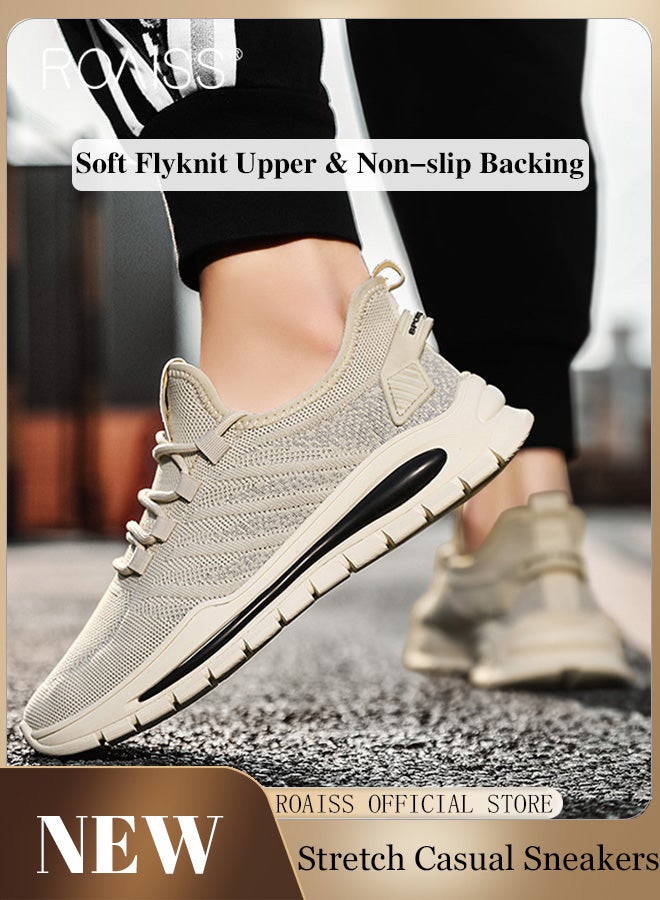 رويس حذاء رجالي كاجوال برباط وأصابع مستديرة وشبكي وخفيف الوزن ومضاد للانزلاق وأحذية رياضية مريحة تمتص الصدمات وأحذية رياضية منخفضة الساق باللون البيج - Image 2