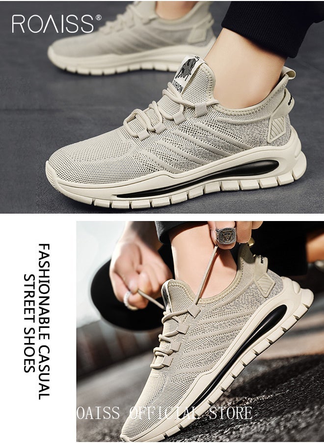 رويس حذاء رجالي كاجوال برباط وأصابع مستديرة وشبكي وخفيف الوزن ومضاد للانزلاق وأحذية رياضية مريحة تمتص الصدمات وأحذية رياضية منخفضة الساق باللون البيج - Image 5