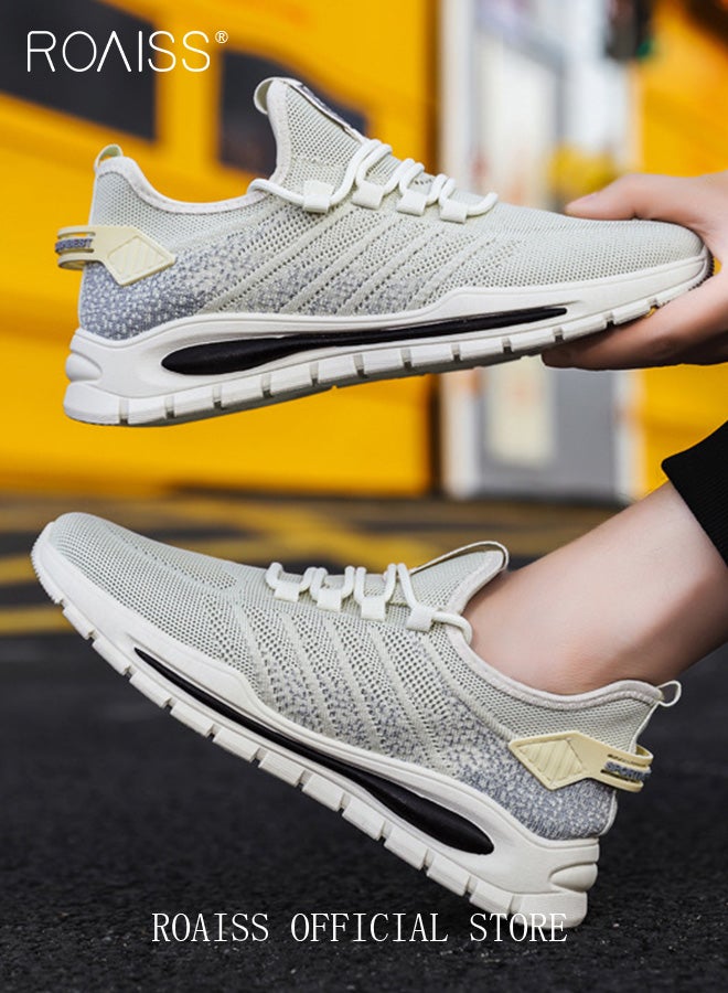 رويس حذاء رجالي كاجوال برباط وأصابع مستديرة وشبكي وخفيف الوزن ومضاد للانزلاق وأحذية رياضية مريحة تمتص الصدمات وأحذية رياضية منخفضة الساق باللون البيج - Image 1