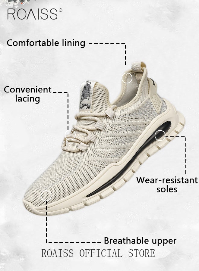 رويس حذاء رجالي كاجوال برباط وأصابع مستديرة وشبكي وخفيف الوزن ومضاد للانزلاق وأحذية رياضية مريحة تمتص الصدمات وأحذية رياضية منخفضة الساق باللون البيج - Image 4