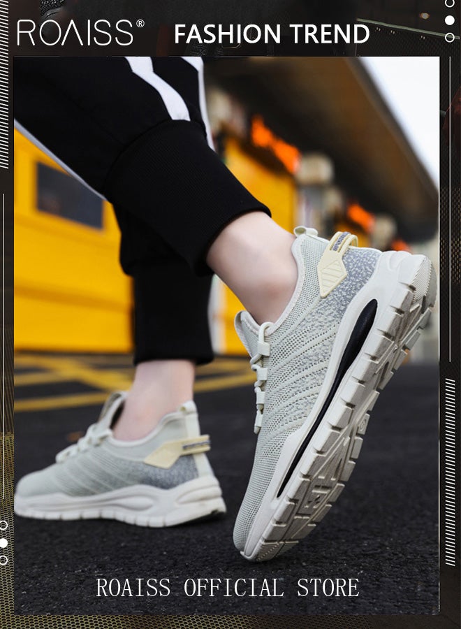 رويس حذاء رجالي كاجوال برباط وأصابع مستديرة وشبكي وخفيف الوزن ومضاد للانزلاق وأحذية رياضية مريحة تمتص الصدمات وأحذية رياضية منخفضة الساق باللون البيج - Image 3